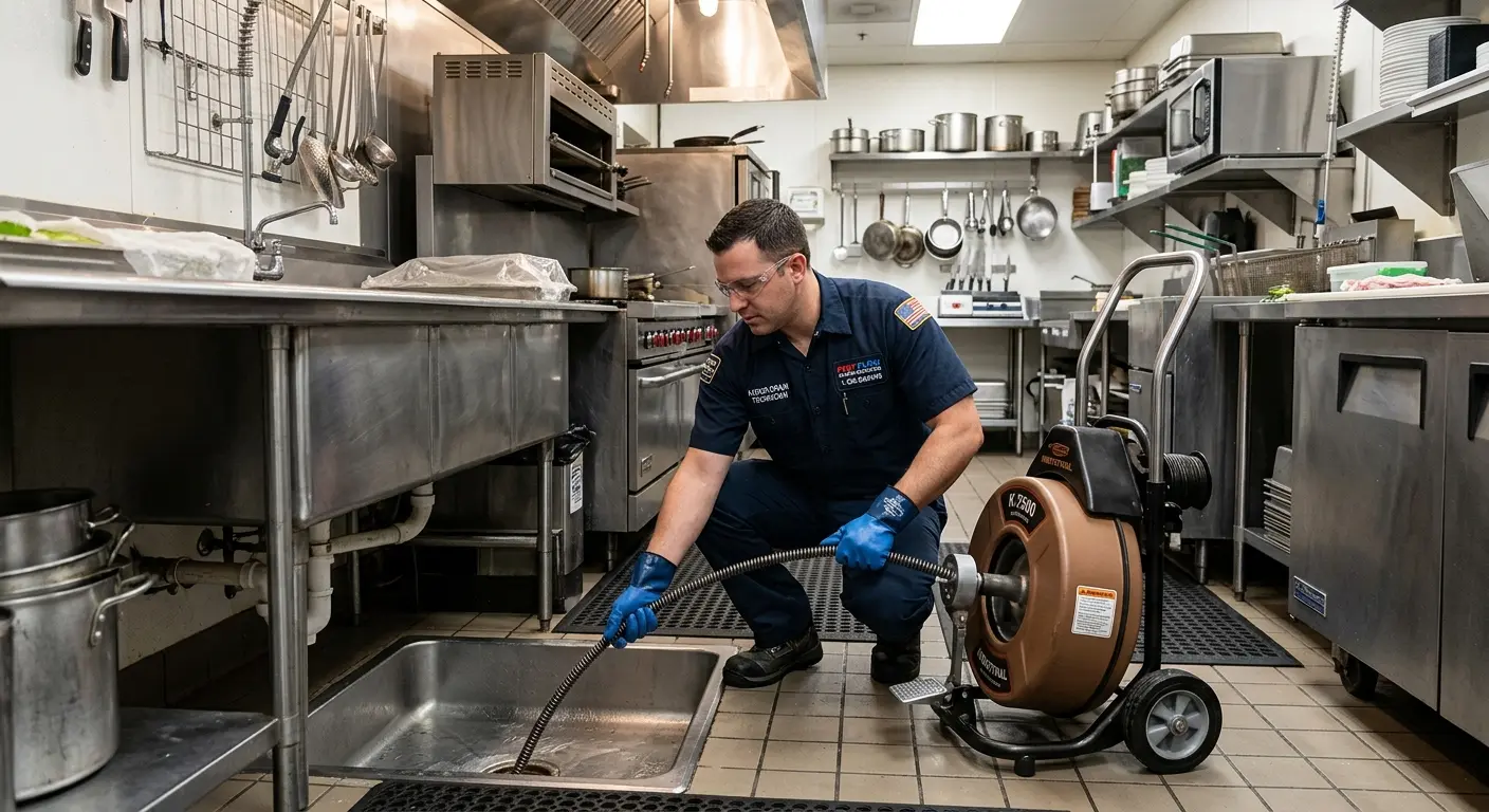 Commercial drain cleaning service in a restaurant kitchen in Panama City Beach