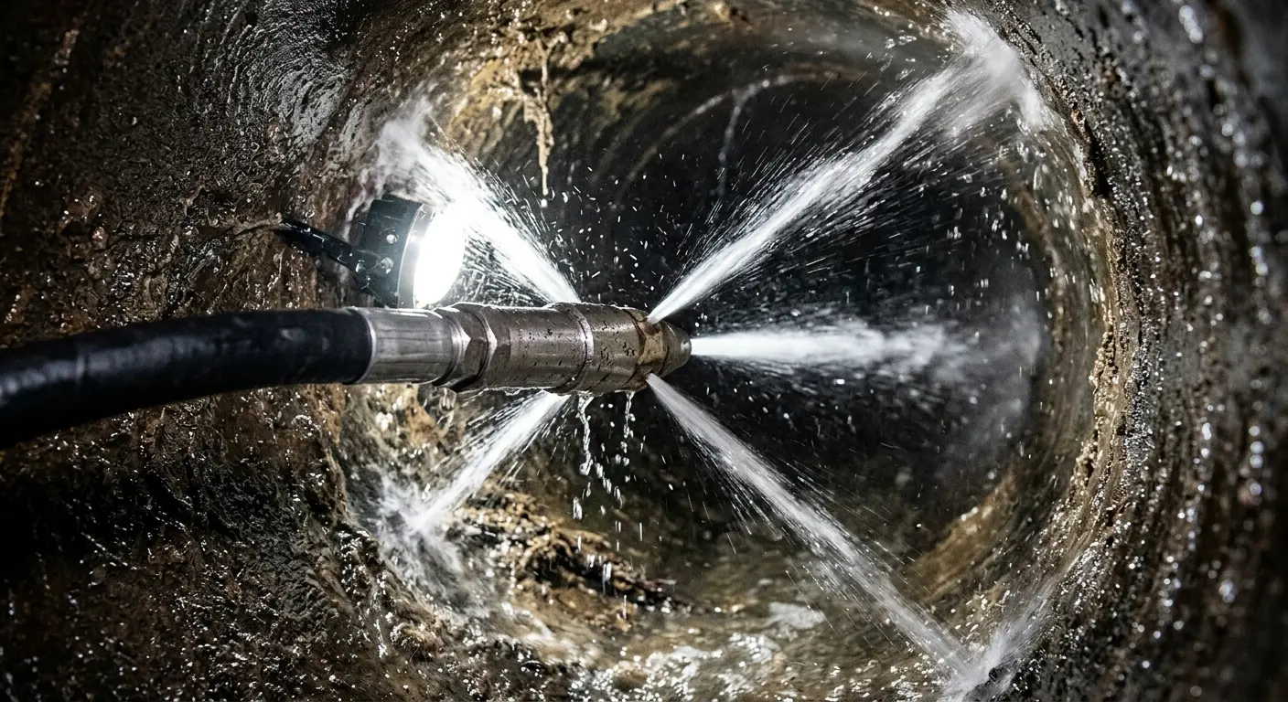 High-pressure hydro jetting nozzle cleaning sewer pipe for Trenchless Sewer Repair in Panama City Beach