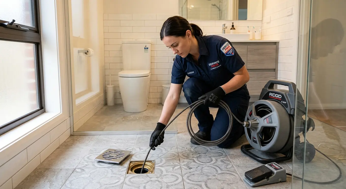 Technician clearing a bathroom floor drain for Drain Cleaning in Panama City Beach